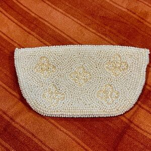 Vintage Ivory Seed Beaded Evening Clutch Purse Gold Sequins Bridal Formal Zip